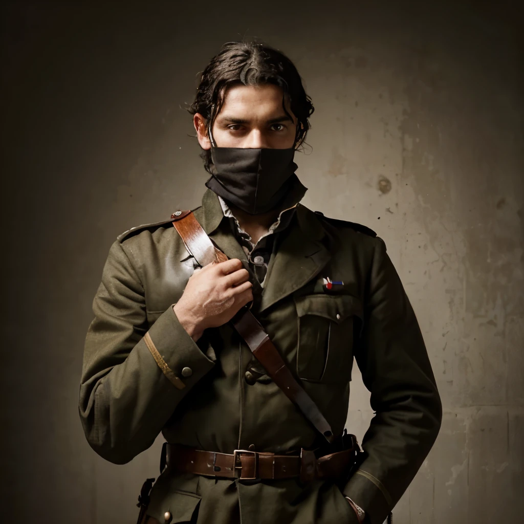1940 British soldier, with middle lenght curly black hair, covering his face with his left hand seemingly devastated, while holding a 1800s english officer sword, old beige photo style