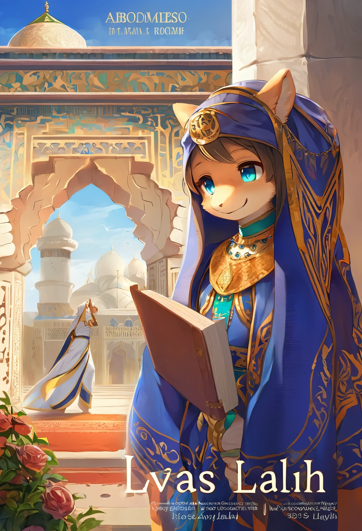 book cover_page, highres, top quality, best quality, paid reward available, unparalleled masterpiece, perfect artwork, absurdres, High-quality illustrations, super high resolution, detailed background, perfect anatomy(1girl, 1boy, couple, kemono, furry anthro, fearless smile, Arab national costume, love romance)The Arabian Nights, Alf Laylah wa Laylah,