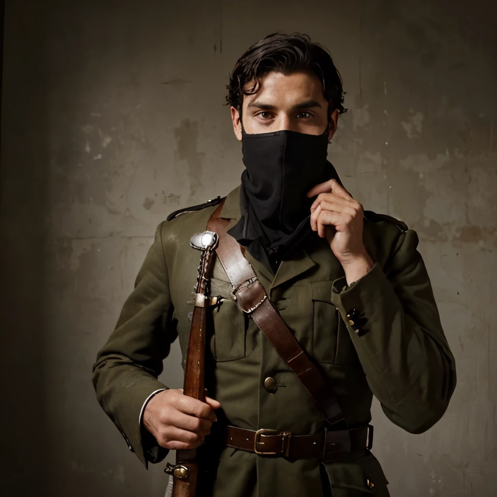 1940 British soldier, with middle lenght curly black hair, covering his face with his left hand seemingly devastated, while holding a 1800s english officer sword, old beige photo style