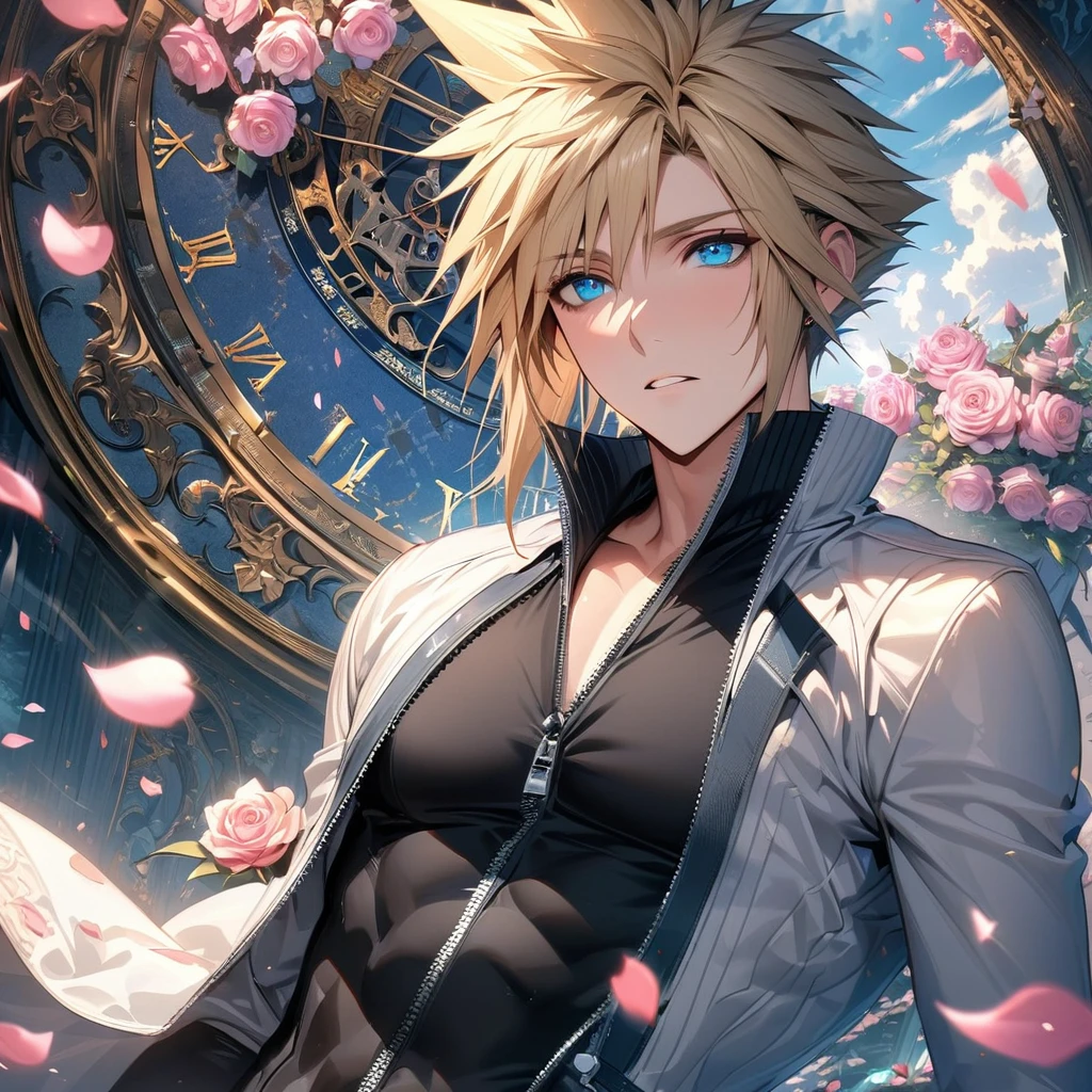 absurdres, highres, ultra detailed, HDR, masterpiece, extremely detailed face and eyes, Cloud Strife, blond hair, expressive blue eyes, Final Fantasy Advent Children, solo, sexy man, handsome, white coat, black tight shirt, patterns, pink roses, blossoms, petals, in wonderland, clock