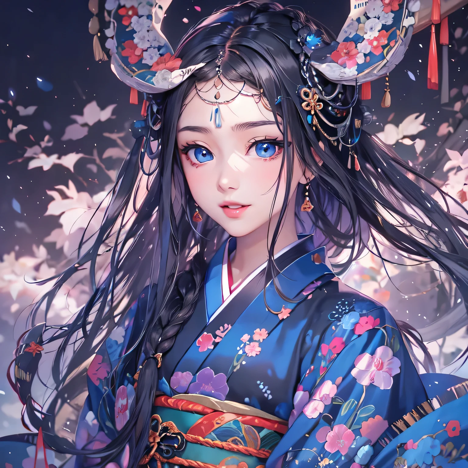 (masterpiece,intricate details),1girl,mature female,miserable _face, BREAK raidenshogun, <lora:raidentest:1>, raiden shogun, braid, braided ponytail, hair flower, hair ornament, long hair, mole, mole under eye, (purple eyes:1.1), purple flower, purple hair, single braid, sidelocks, BREAK black gloves, black thighhighs, bridal gauntlets, cleavage, gloves, gold trim, japanese clothes, kimono, neck ribbon, neck tassel, obiage, obijime, off shoulder, purple kimono, red ribbon, red sash, ribbon, sash, short kimono, tassel, tassel hair ornament, thighhighs, thighs, vision (genshin impact), zettai ryouiki| ((reclining on the A serene meadow spreads its carpet of wildflowers, where butterflies gracefully flutter from bloom to bloom, and the gentle hum of bees fills the air with nature's melody.)),((cumulonimbus)),((upper body,portrait)),from below:1.1,depth of field,looking at viewer,<lora:liuyunV5:1>