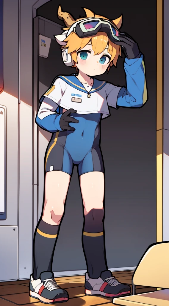 Two-dimensional boy,One-piece mountaineering suit,horn,cow ears,Put the headphones on your head,stand up,goggles,sports shoes,Slim,Smile,Sailor collar,Knee socks,Short sleeve