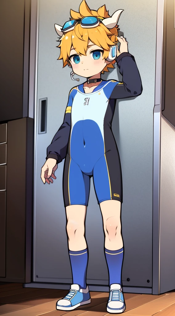 Two-dimensional boy,One-piece mountaineering suit,horn,cow ears,Put the headphones on your head,stand up,goggles,sports shoes,Slim,😊,Sailor collar,Knee socks,Short sleeve,Leg ring
