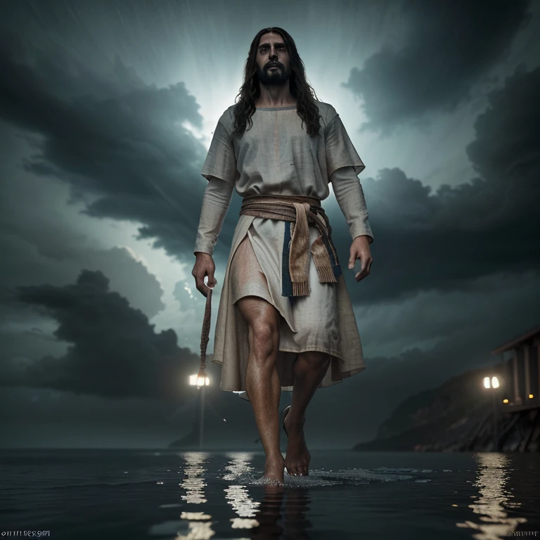 Jesus walking on water in a storm, obra de arte, melhor qualidade, alta qualidade, extremamente detalhado CG unit 8k wallpaper, fotografia premiada, Bokeh, profundidade de campo, HDR, florescer, Chromatic aberration, fotorrealista, extremamente detalhado, trends on Artstation, trends in society, intricate, alto detalhe, dramatic, arte no meio da viagem, volumetric lighting.