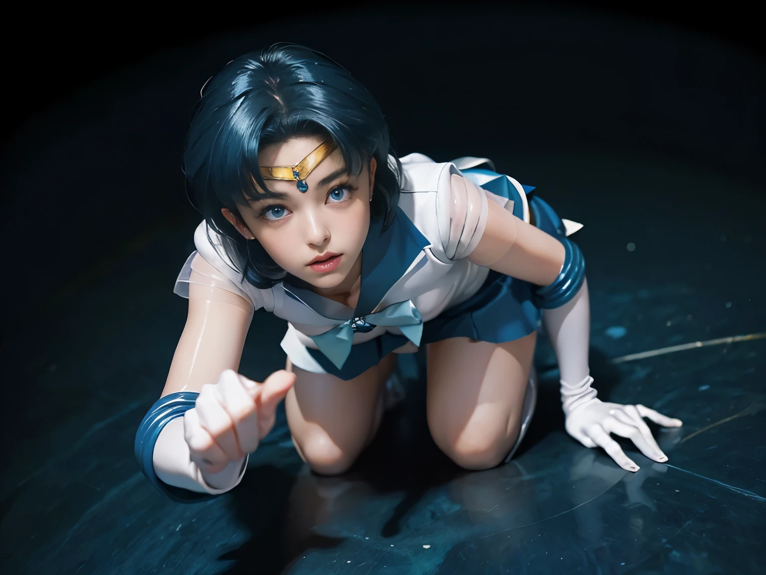 highest quality,masterpiece,Ultra-high resolution, Very detailed, 8k,(Beautiful woman),one person,40 years old, ((Sailor Mercury)), ((Blue sailor collar, Very tight and shiny uniform, Long white latex gloves,Beautiful female hand in white latex gloves,Shiny blue latex knee-high boots, Stiletto heels,Blue choker、Blue gloves on elbows, Shiny blue skirt, Gold tiara on forehead,Earrings,Luxury gold jewelry)), (Facial details, Bright Blue Eyes, Beautiful Face, Beautiful Eyes, Shining Eyes, Thin lips, Thin, sharp, pale eyebrows, Long, black eyelashes, Long and thick lower eyelashes, double eyelid, Fluffy blue hair), skinny, Large Breasts, Perfect Proportions, Narrow waist, Visible pores, Beautiful shiny dark blue hair, Perfect hands, High gloss holographic leather for a snug fit,Octane Rendering, (A Japanese Lady,crawling on all fours,dog collar, surrealism, F/1.2, Fuji Film, 35 mm, 8K, Super Detail, nffsw, masutepiece, Textured skin, High quality, Best Quality, hard disk)