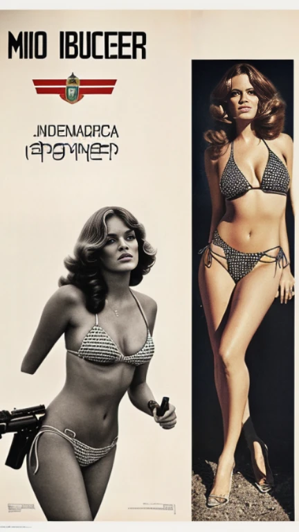 A full-body image of a beautiful woman in her 30s standing in a bikini with a gun, Barbara Boucher, Bond Girl, 1972 Italian action film「Milano Calibro 9」Poster, イタリアPosterアート, 1 9 7 0 s movie poster, movie poster 7 0's, Glenn Obic, Polish film posters, By Gabor Breznay