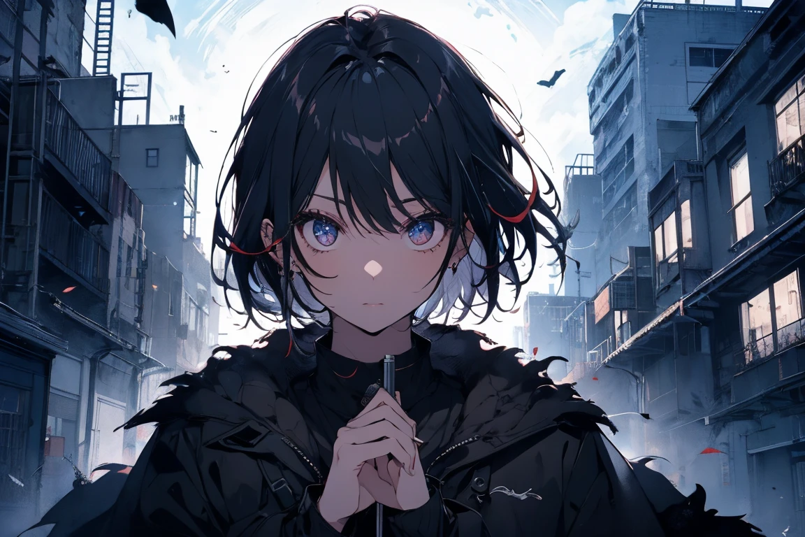 16K,beautiful,  highest quality, whole body、Highly detailed face,Delicate eyes, Perfect lighting,One Girl、Black long coat、Black Hair.short hair、Handguns in both hands、Chasing prey、midnight、ruins