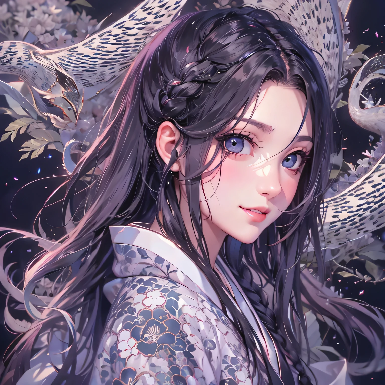 (masterpiece), highest quality, Expressive eyes, Beautiful manga Japanese woman with perfect face, MangaKawaiiAnime, Beautiful Japanese Kimono, The kimono is embroidered with dragons.... Black and silver clothing colors, Japanese women&#39;Long hair, Black hair color, Braided Hairstyles, single eyelid, beautiful silver eyes ,Hooded Eyestyle, Sensual, Sank, Fascinating and mysterious., facial expression smile., Beautiful photo situation.