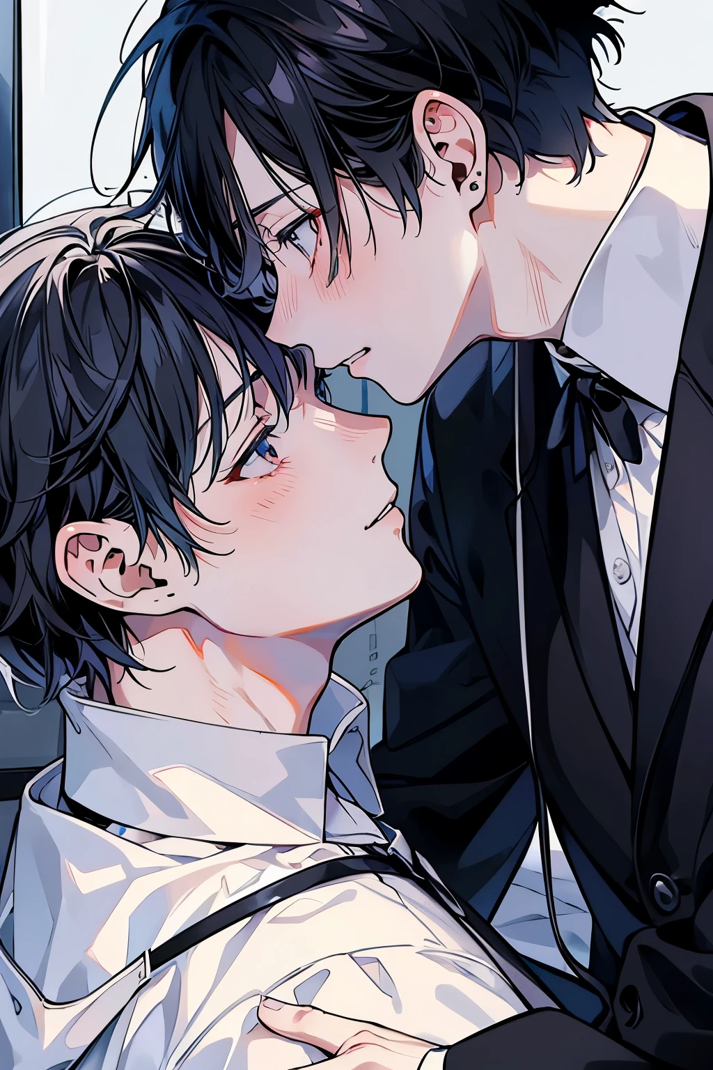 (Mastepiece), (Best Quality), Very detailed, ((two men intimate)), Perfect Face, Beautiful Face, Very detailed顔,(Black Haired Man:1.3),(Man with white hair:1.3),suit,shirt