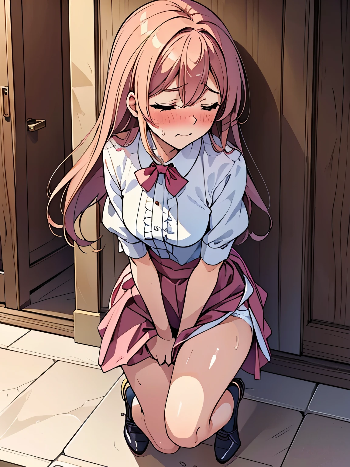 (ultra-detailed, best quality, anatomically perfect body), (small breast:1.3), shiny skin, (full body), (Various girls), (have to pee), (urge to pee:1.3), (very desperate to pee:1.2), (bladder crisis), (restroom entrance), (waiting for restroom with line of girls in queue:1.3), (standing), (various kind blouse), (various kind long skirt:1.4), (various kind footwear), (various hairstyle), various bag, (knees together and feet apart:1.2), (Rub each other's thighs:1.3), leaning forward, (hand in panties:1.1), (hand between legs), (holding the crotch:1.4), (nose blush:1.1), (embarrassment1.3), (impatience:1.3), (flustered:1.4), (fidgeting around:1.4), flowing sweat, (closed mouth tightly), (erotic body twist:1.3), (breathless:1.1), (closed eye tightl), looking away, from side, (from below:0.9)