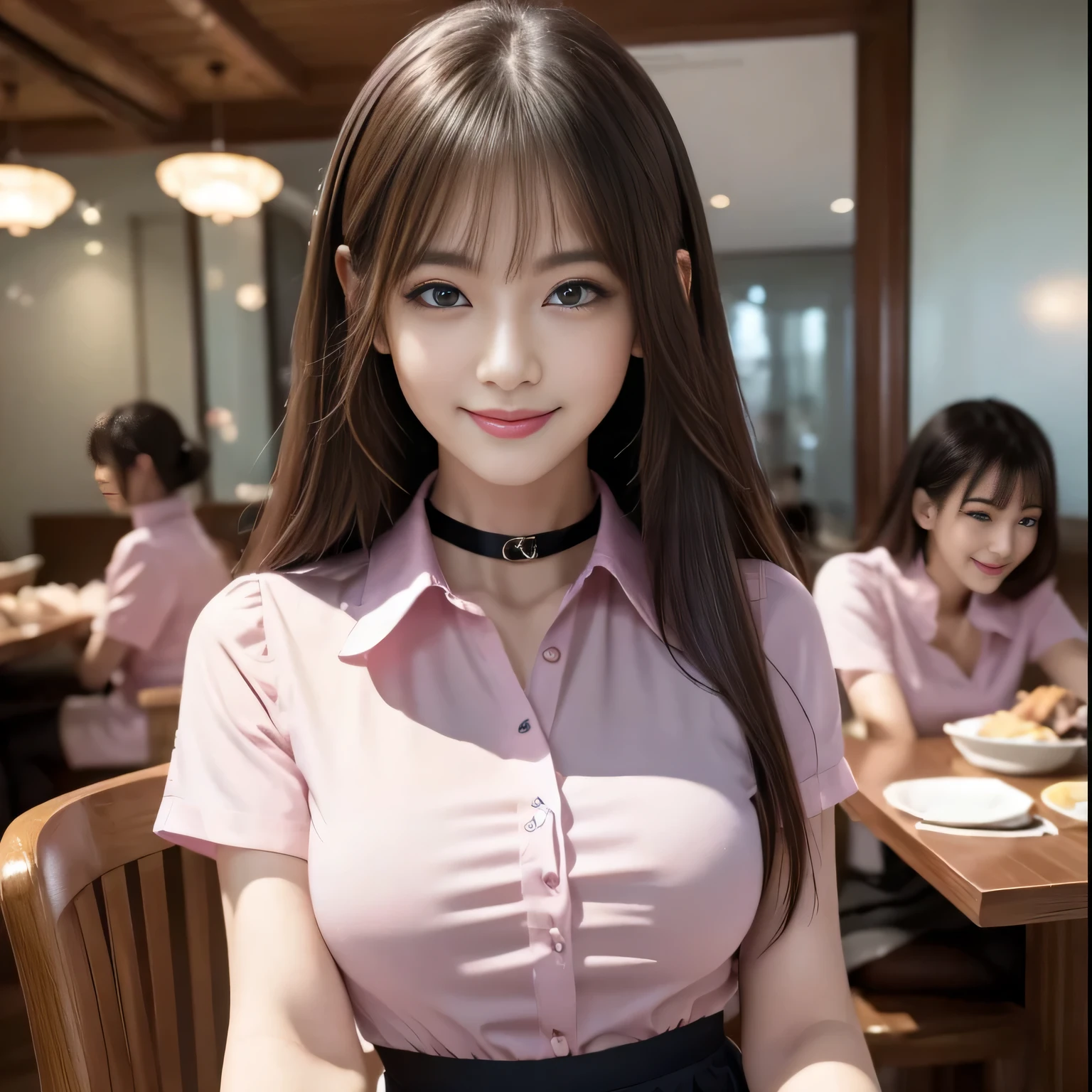 Group photo, Group photo, Very beautiful woman, Highly detailed eyes, Highly detailed face, Sexy and highly detailed lips, Super detailed everything, Attractive woman, Black Choker, blue eyes, Very long eyelashes, bangs, Big Breasts, ((smile)), highest quality, masterpiece, ((Slim face)), Japanese actress, servant, ((High nose)), ((Tight shirt、See-through shirt、Pink collar shirt)), Happy atmosphere, Fun smile, mini skirt, ((A private room in a three-star restaurant、Woman Eating)), Medium Hair、Sumptuous cuisine、Sitting across from each other