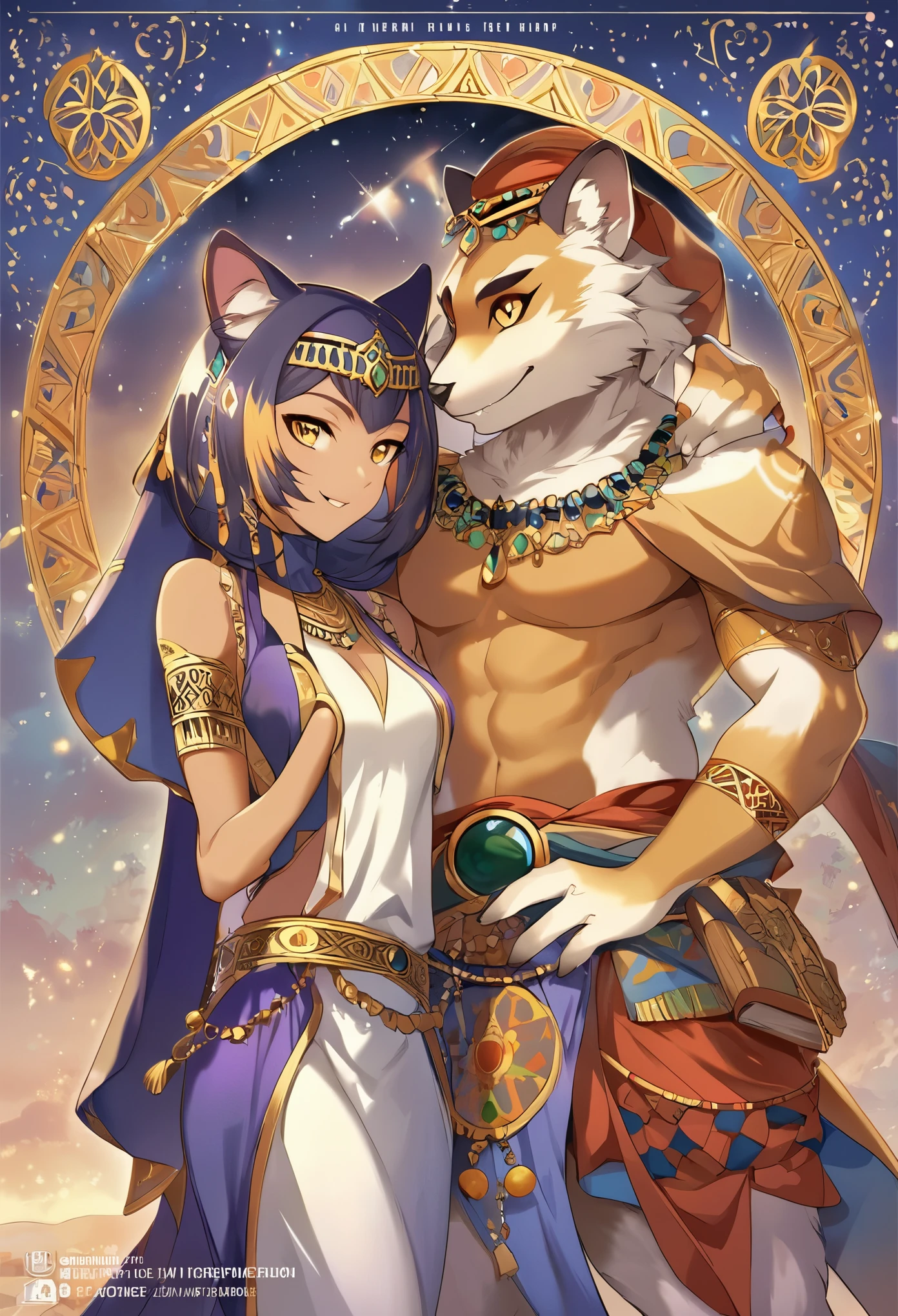 book cover_page, highres, top quality, best quality, paid reward available, unparalleled masterpiece, perfect artwork, absurdres, High-quality illustrations, super high resolution, detailed background, perfect anatomy(1girl, 1boy, couple, kemono, furry anthro, fearless smile, Arab national costume, love romance)The Arabian Nights, Alf Laylah wa Laylah,