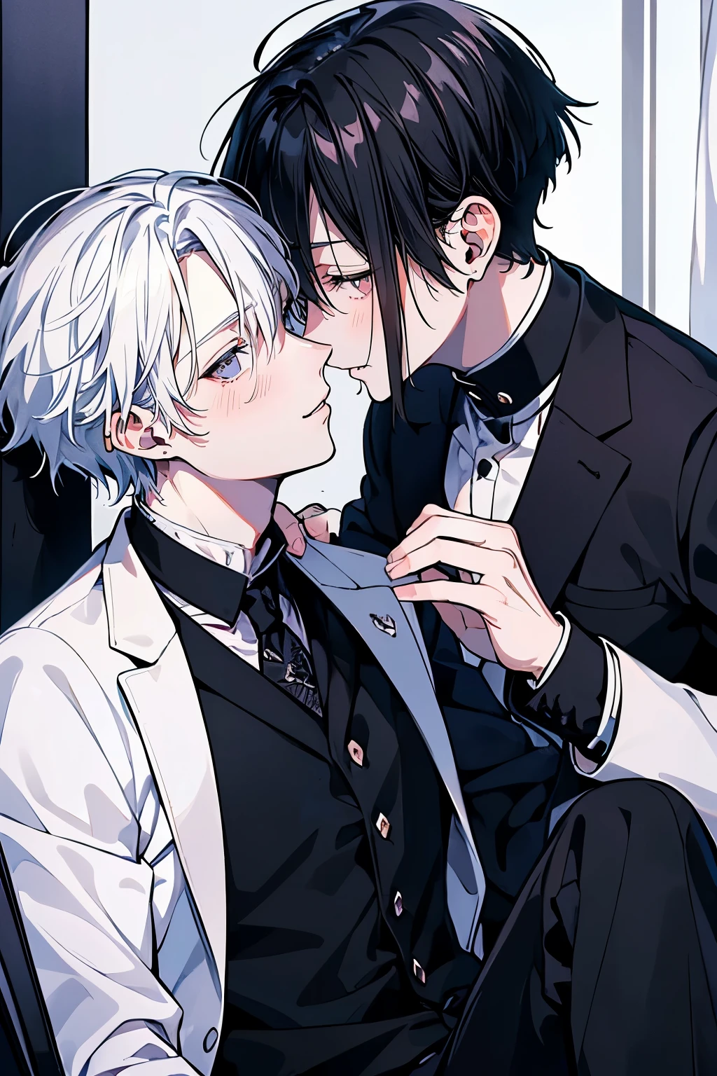 (Mastepiece), (Best Quality), Very detailed, ((two men intimate)), Perfect Face, Beautiful Face, Very detailed顔，(Black Haired Man:1.3)，(Man with white hair:1.3)，suit，shirt
