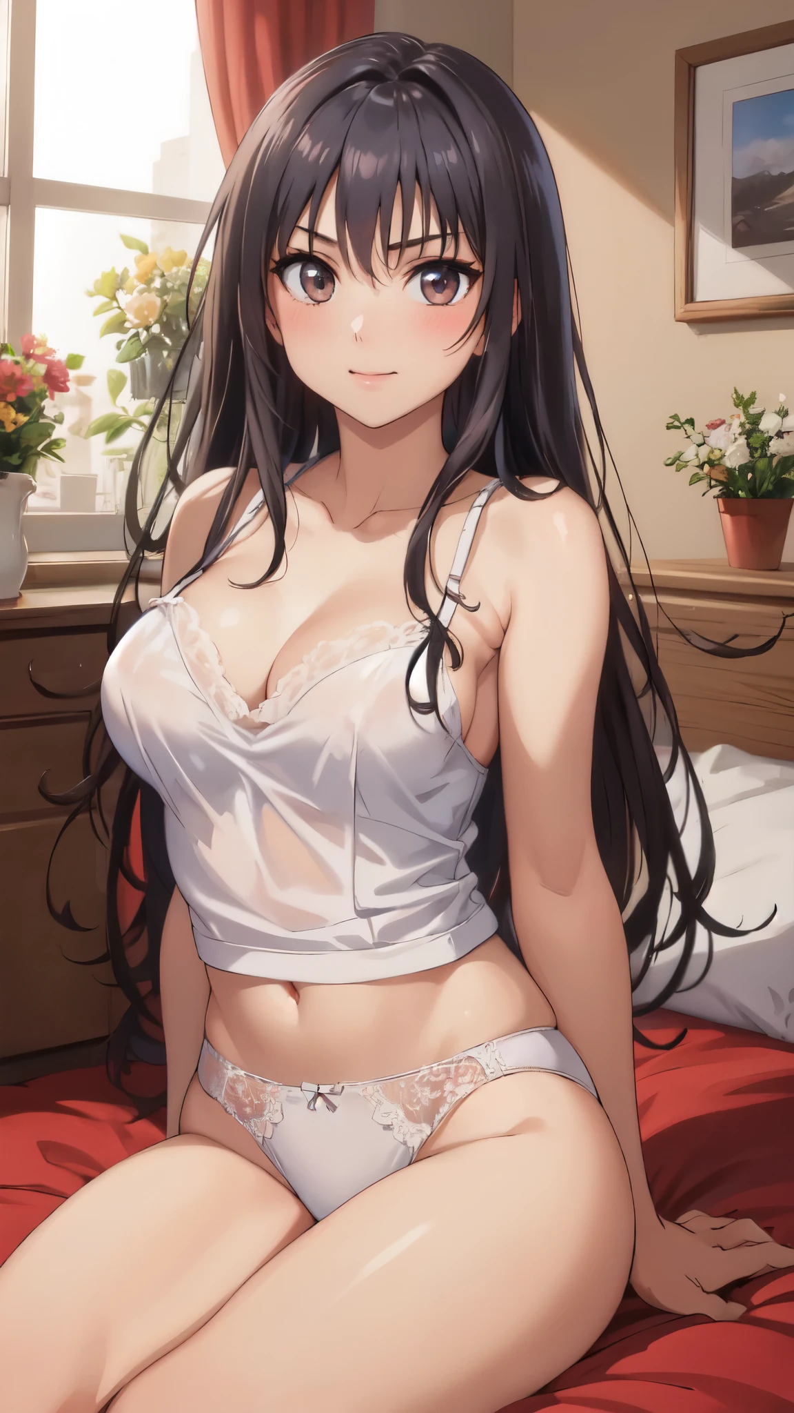 (masterpiece,Best image quality,highest quality:1.3),(8k:1.4), defYui,blush,Smile,************,(thin:1.3),Detailed lace underwear,(White lace camisole),(Sheer camisole:1.3),(White underwear:1.2),Underwear standing,(White panties:1.2),arms behind back,Big Breasts, Bright colors,(indoor, Bedroom;1.3), blue sky, Sitting on the bed,Embarrassing, Looking at the audience, Cowboy Shot, Tilt your head