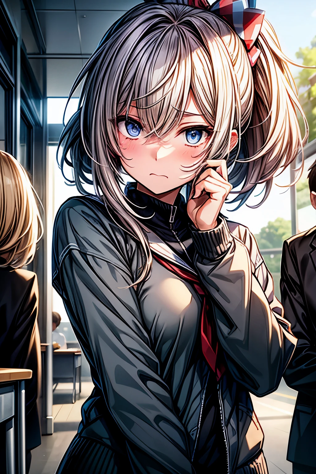 love confession、Cool girl、high school student、School、uniform、Embarrassed、Embarrassed expression、Shortcuts、Sharp Eye、ponytail