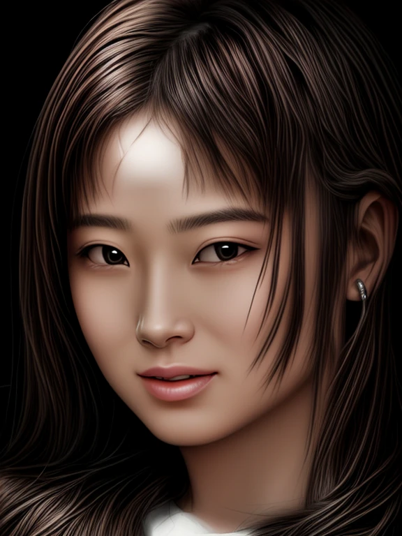 Portrait of a girl with airbrushed perfection capturing her entire form in sharp focus, chiaroscuro lighting playing across her features, exuding beauty in a highly detailed and realistic style, digital painting.