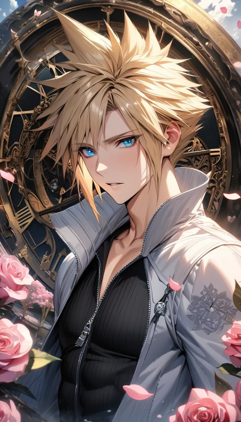 absurdres, highres, ultra detailed, HDR, masterpiece, extremely detailed face and eyes, Cloud Strife, blond hair, expressive blue eyes, Final Fantasy Advent Children, solo, sexy man, handsome, white coat, black tight shirt, patterns, pink roses, blossoms, petals, in wonderland, clock
