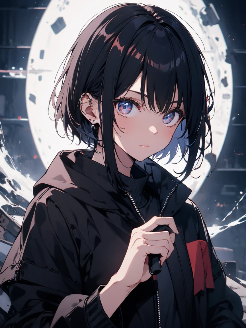 16K,beautiful, highest quality, whole body、Highly detailed face,Delicate eyes, Perfect lighting,One Girl、Black long coat、Black Hair.short hair、Handguns in both hands、Chasing prey、midnight、ruins