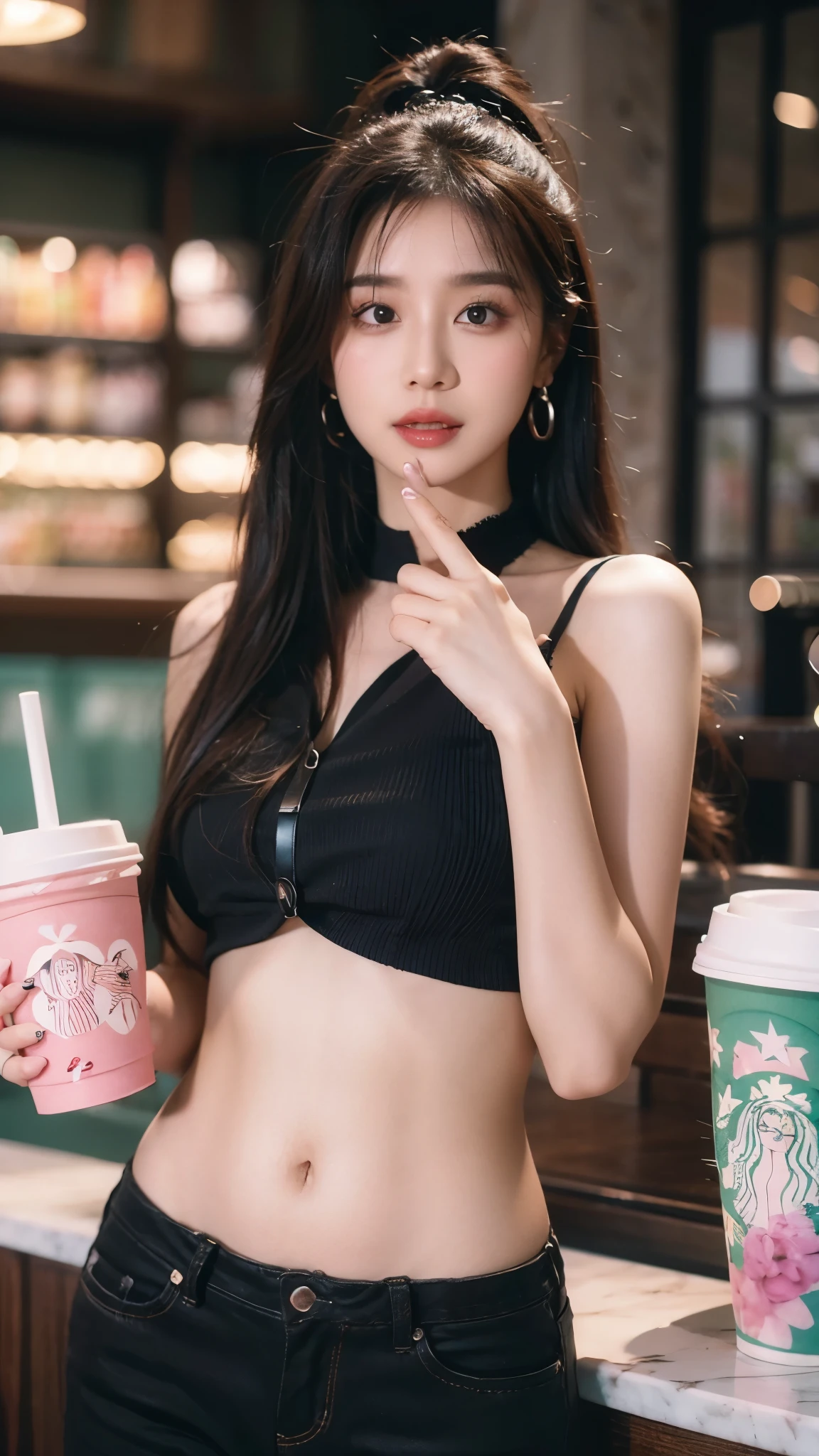  Exquisite lighting, focus stacking, Surreal, 8k,Black lining,belly button， long, Whitening of the inner corners of eyelashes, Pink blush and black lipstick, arched eyebrows, Leather Perforation, Diaphragm, Large pink hoop ears,  black long pink nails, Black and pink nails, ((Holding a Starbucks cup)), Tattoo, neck, winter background, Bokeh, Soft Focus,