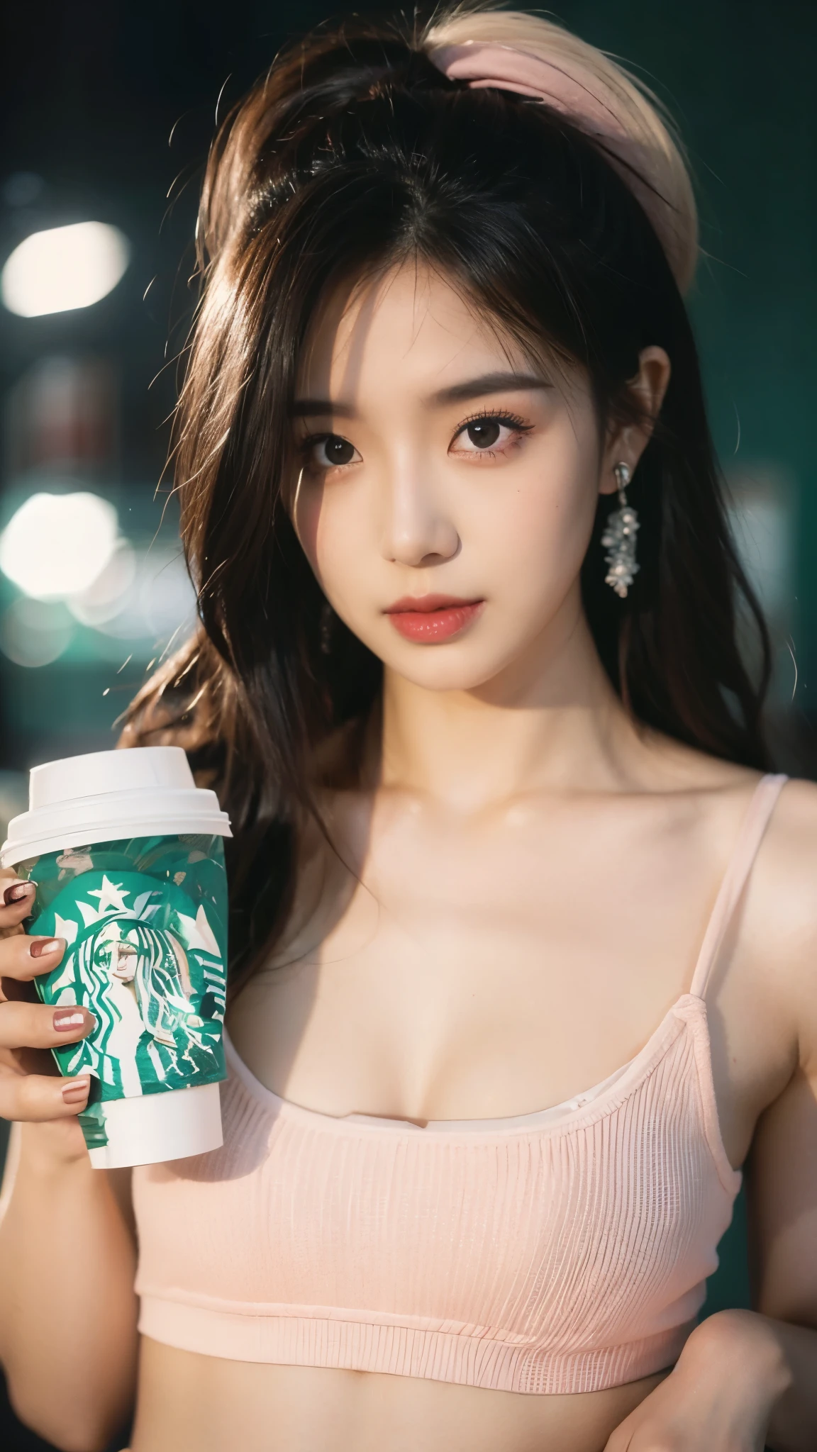  Exquisite lighting, focus stacking, Surreal, 8k,Black lining,belly button， long, Whitening of the inner corners of eyelashes, Pink blush and black lipstick, arched eyebrows, Leather Perforation, Diaphragm, Large pink hoop ears,  black long pink nails, Black and pink nails, ((Holding a Starbucks cup)), Tattoo, neck, winter background, Bokeh, Soft Focus,