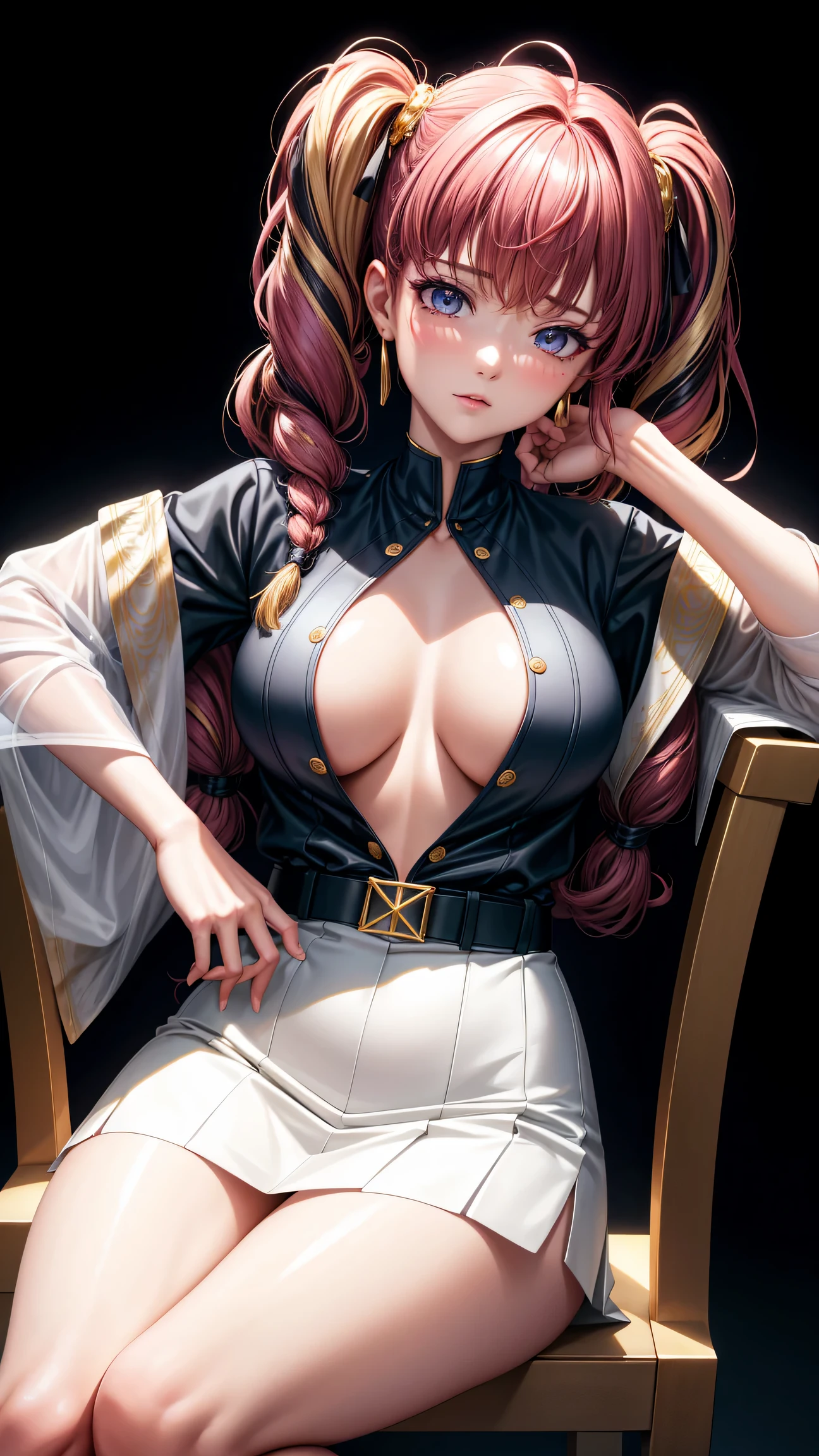 (best quality:1.5, highres, UHD, 4K, detailed lighting, shaders), gold braided twintails haired, gradient hair, large breasts,red suit, white T-shirt, white short skirt, mature woman , (pov), black background, colorful eyeshadow, dramatic lighting, sparkling eyes, sensual expression, golden earrings, braided twintails hair, delicate facial features, soft skin, high cheekbones, urban setting, black background, dont look for the camera, sitting on a chair upside down, behind the camera