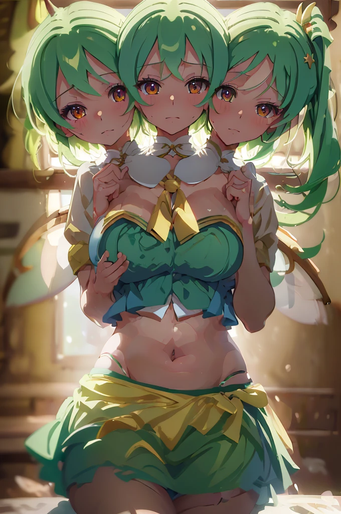(masterpiece, best quality), best quality, (ultra-detailed), (3heads:1.5), 1girl, (daiyousei:1.3), masterpiece, best quality, ultra quality, ultra resolution, blue top, crop top, ((stomach)), midriff, ((groin)), blue skirt, normal ears, shackles, green hair, very long hair, wavy hair, sidelocks, yellow eyes, parted lips, single horn, sweat, cute, toned belly, hand on own chest, eyelashes, (23 year old woman:1.3), (masterpiece:1.5), (best quality:1.5), (beautiful detailed), extremely detailed CG, extremely delicate and beautiful, depth of field, (finely detailed face), (perfect details:1.2), (mature female:1.3), wide pelvis, slender, large veiny breast, 16k resolution, highres, high quality, high definition, extremely detailed, masterpiece, best quality, green hair, long hair, alluring presence, braid, short skirt, close up, big tits, young, fairy wings, yellow ribbon, side ponytail, nsfw, open belly,