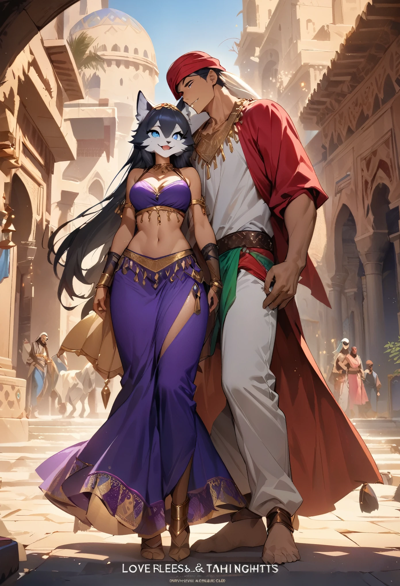 movie poster, highres, top quality, best quality, paid reward available, unparalleled masterpiece, perfect artwork, absurdres, High-quality illustrations, super high resolution, detailed background, perfect anatomy(1girl, 1boy, couple, kemono, furry anthro, fearless smile, Arab national costume, love romance)The Arabian Nights, Alf Laylah wa Laylah,