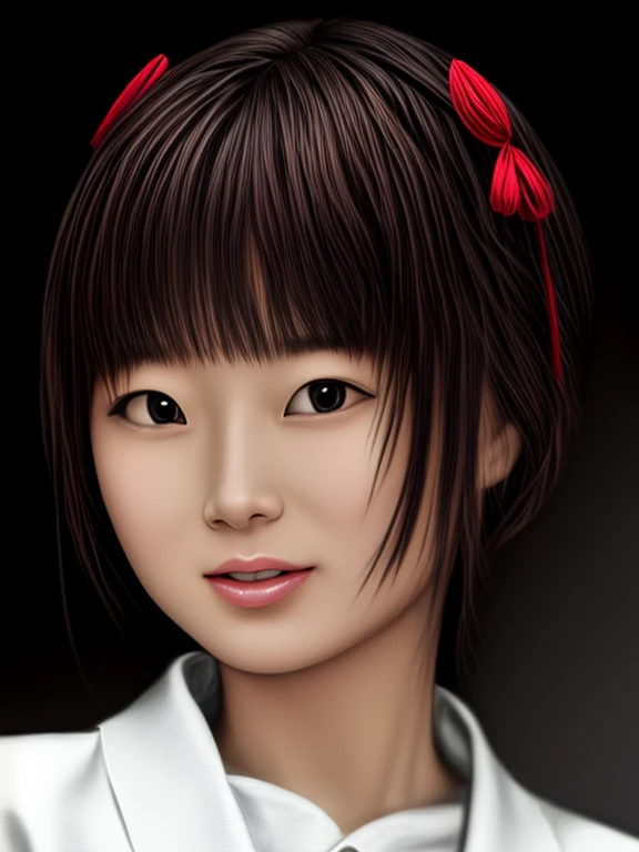 Portrait of a Japanese girl with airbrushed perfection capturing her entire form in sharp focus, chiaroscuro lighting playing across her features, exuding beauty in a highly detailed and realistic style, digital painting.