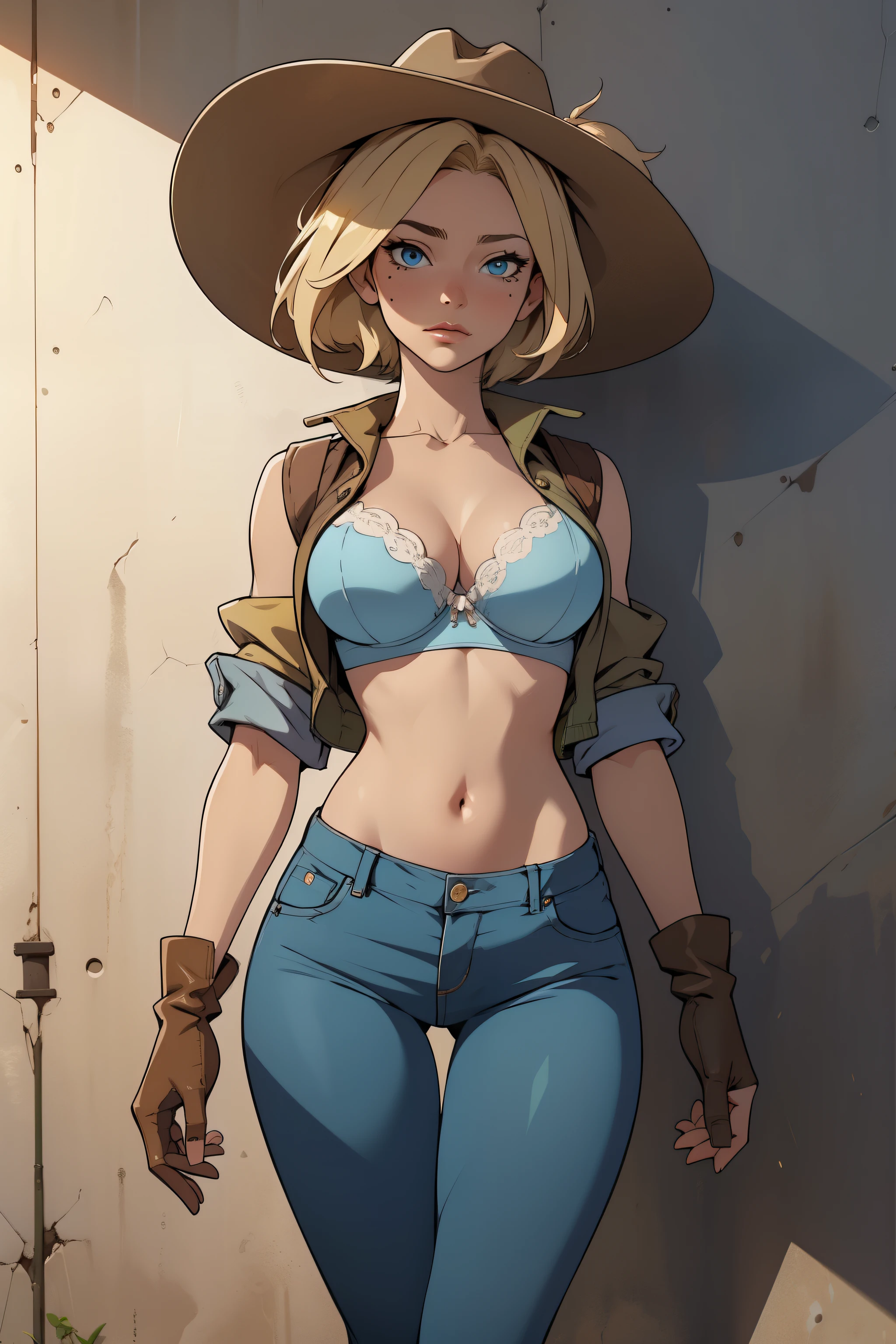 vibrant color, saturated color, colorful, 1girl, cowboy hat, beautiful face, white bra, green vest, no sleeve, navel, blue jeans, brown boots, fingerless gloves, short hair, blonde hair, parted bangs, blue eyes, mole under right eye, American old west, best quality, masterpiece, sensual but confident pose, thigh gap, wild west, sunny background,