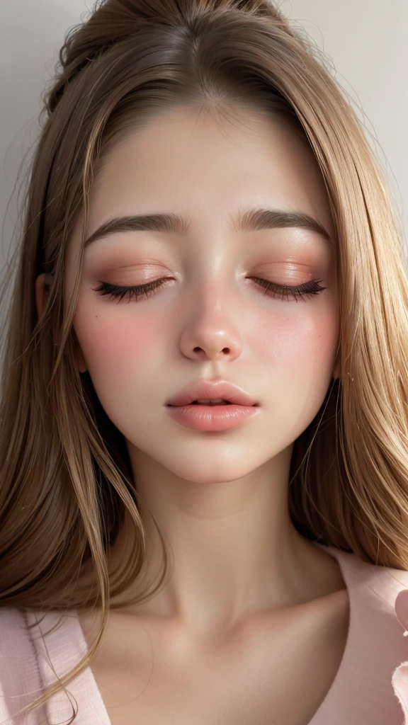 Close-up of a woman who closed her eyes and parted her perfect lips, blushing very hard, cara y labios besables, amazing makeup, contra una pared