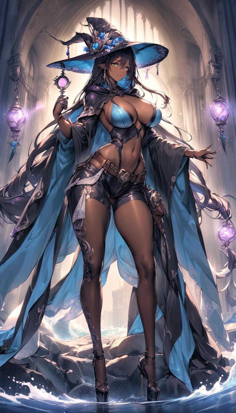 (masterpiece), (best quality:1.4), (perfect anatomy:1.4), high quality, expressive eyes, full body, detailed face, beautiful face, perfect face, {1 girl}, In her human form, Danua possesses an aura of mystery and quiet strength. She stands at a moderate height, around 5 feet 8 inches tall, with a slender yet athletic build that speaks of both grace and resilience. Her complexion is a rich, dark hue, reminiscent of polished mahogany, lending her an air of exotic beauty that sets her apart in any crowd. Danua's features are striking yet enigmatic, with high cheekbones, a sculpted jawline, and full lips that often curve into a thoughtful expression. Her eyes, a deep emerald green, hold a glint of intelligence and intensity, hinting at the depths of wisdom and experience hidden within. Cascading waves of black hair frame her face, falling in loose curls that dance with every movement, adding to her ethereal allure. She often keeps her hair partially concealed beneath a hooded cloak, adding to her mysterious aura. In her attire, Danua favors garments that blend functionality with elegance, often opting for dark colors and flowing fabrics that allow for freedom of movement. She may be seen wearing a long, flowing cloak that billows behind her like a shadowy veil, adding to her air of mystique., dynamic lighting, 4k resolution, dynamic pose, gothic background, steampunk_costume, hat, curvy, gothicpunkai, jim lee, dark skin, dark skinned female, black hair, ((pants)), belts, dark cloak,