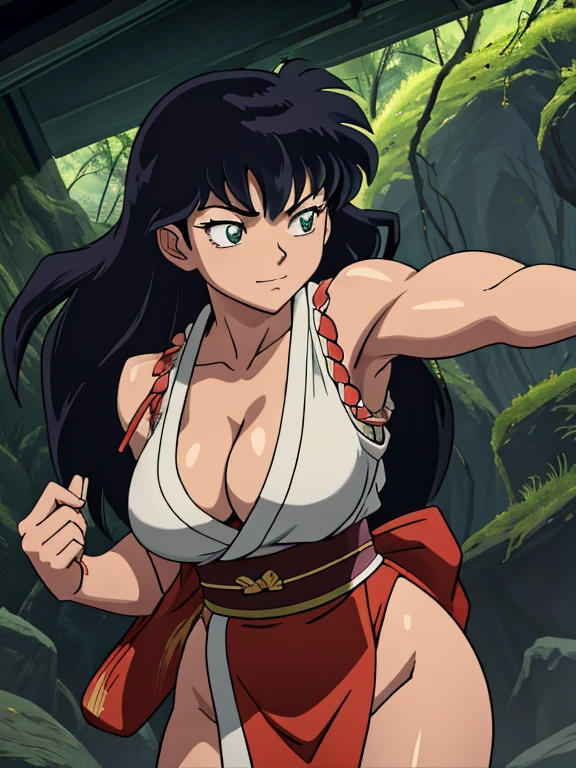 masterpiece, best quality, Kagome Higurashi, 25 years old, matured face, beautiful detailed eyes, ultra detailed eyes, extremely detailed face, large breasts, cleavage, very busty, big hips, strong muscles, athletic physique, She stands tall while wearing a short green kimono. she's looking directly at the camera with an confident smirk. Her gaze is both alluring and fierce as she is in a fighting stance. cowboy shot, Perfect Anatomy,(Professional Lighting), 4k textures, epic artistic, sharp focus, even lighting, insane details, intricate details, hyperdetailed, rich colors, BREAK Outdoors, forest, Japanese architecture in the background
