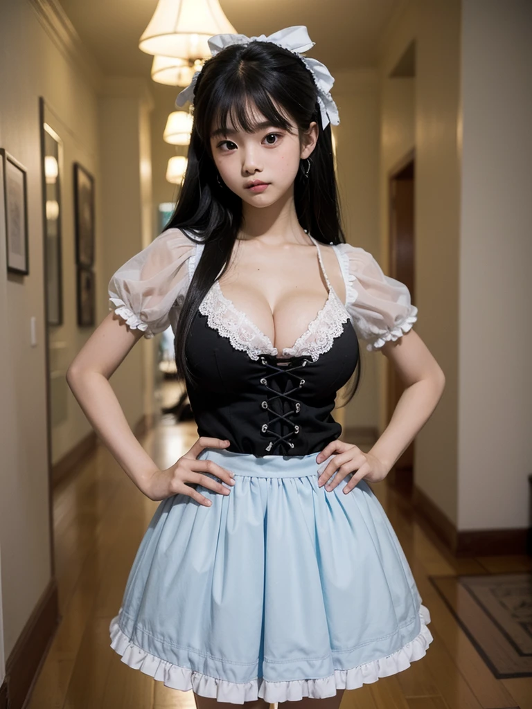 Master quality, highest quality, Best image quality, Exaggerated details, Cute 8 year old Asian boy with embarrassed expression, I narrowed my eyes a little., Style your hair, Long eyelashes (Long Hair / very, very exaggerated big breasts / Wearing a gorgeous ****ta skirt) At night, In the hallway, Strike a pose for the camera,Large breasts