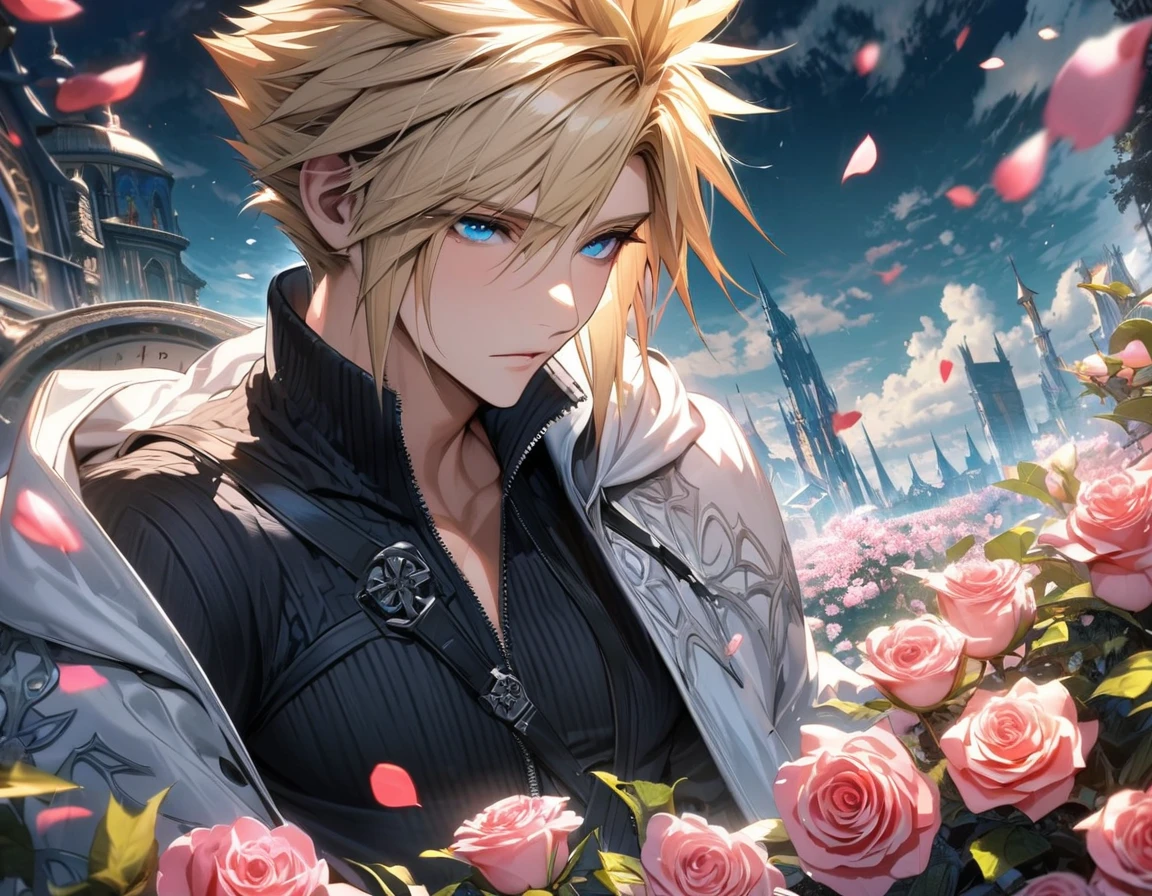 absurdres, highres, ultra detailed, HDR, masterpiece, extremely detailed face and eyes, Cloud Strife, blond hair, expressive blue eyes, Final Fantasy Advent Children, solo, sexy man, handsome, white coat, black tight shirt, patterns, pink roses, blossoms, petals, in wonderland, clock