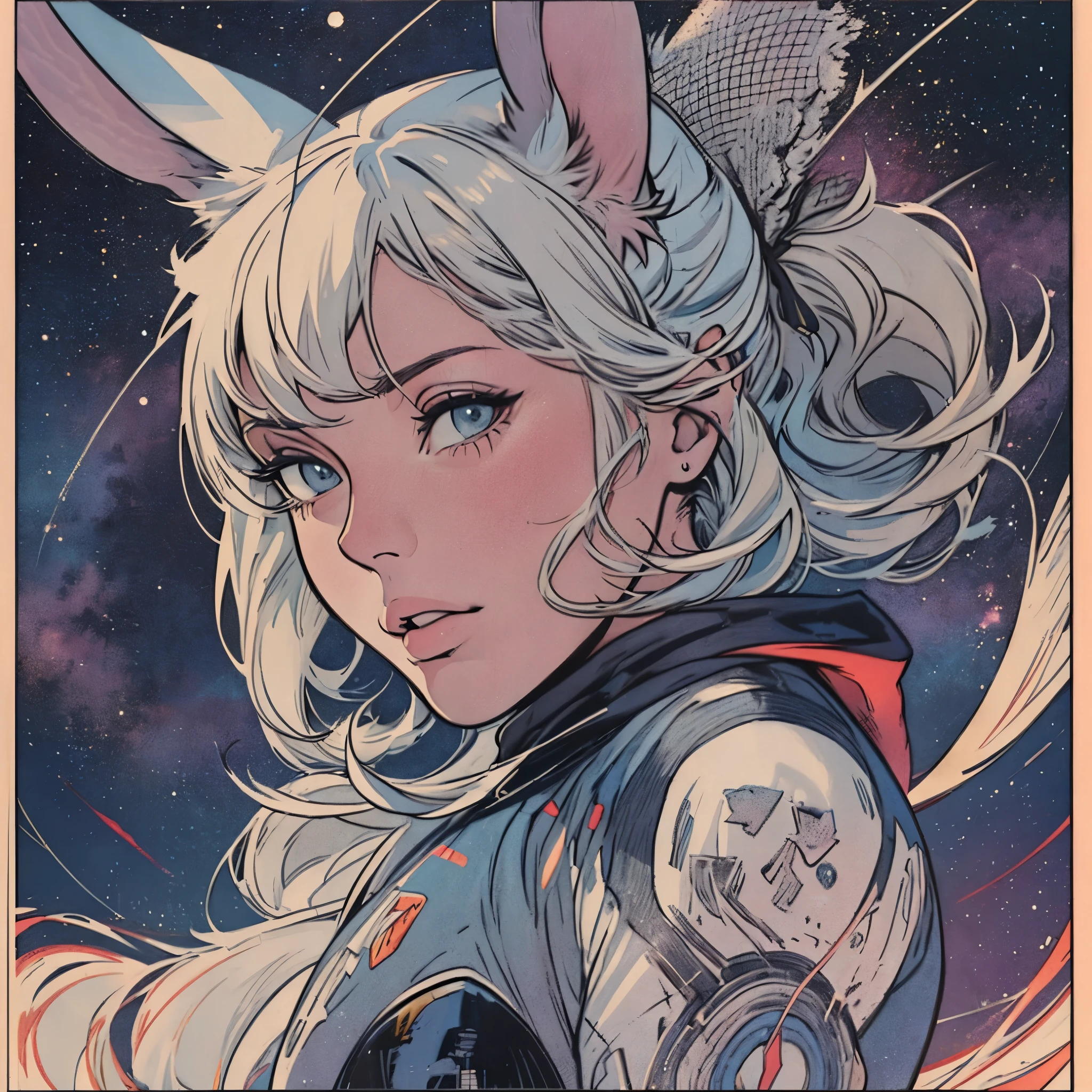 ultimate best quality,beautiful woman,speech bubble,big brest,galaxy,60s,70s,80s,colorful,cosmo,space,((rabbit)),