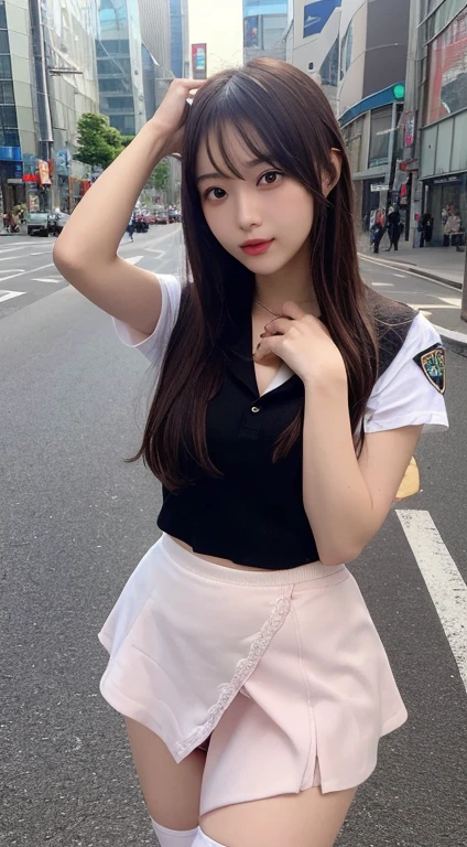 In detail, High resolution, high quality、Perfect dynamic composition, Beautiful fine details, Medium Hair, 、Natural color lip,Kamimei、Shibuya Ward、20-year-old girl、1 person、Clear Skin、Shiny Hair、Tabletop, 最high quality, Very detailed, In detail, High resolution, 8k、The correct state of the human body、squat、Sculpture model pose,Beautiful sunset,In front of a red brick wall,Beautiful illuminations,Photograph of hair fluttering in the wind,huge ,((police,Cosplay:1.5,Short skirt:1.5,I can see the shape of the chest:1.5,I can see your thighs:1.5)),((Pinch your chest,Flip up the skirt yourself:1.5))、((Sexual pose:1.5))、((Show me more panties:1.5))、