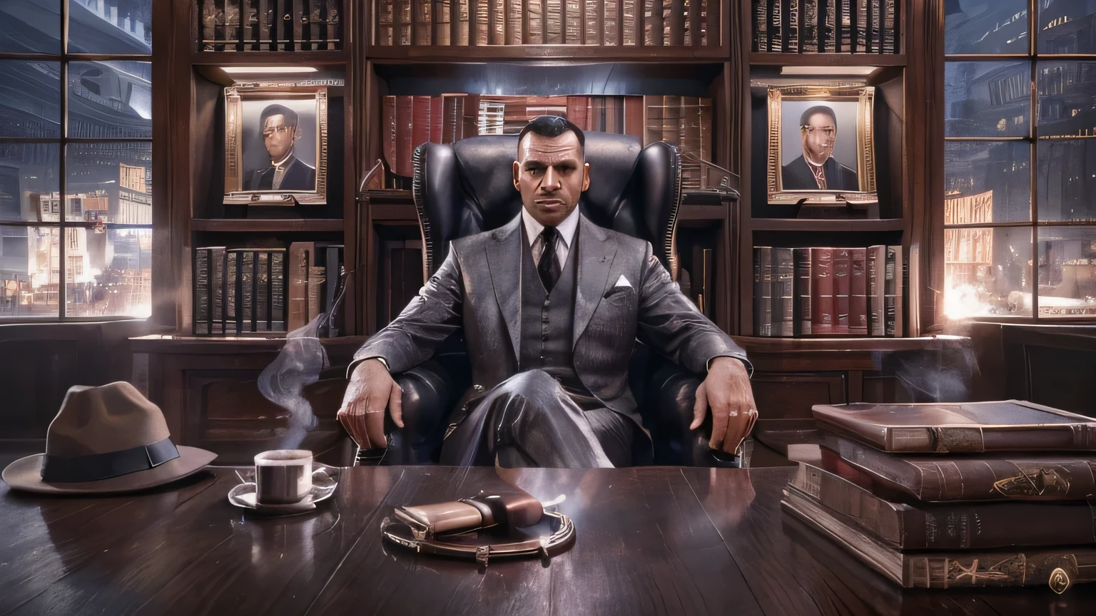 A stunning, conceptual illustration of a powerful mafia boss sitting in his luxurious office. He is impeccably dressed in a tailored suit and exudes an air of confidence and authority. A single red rose rests subtly in the jacket pocket, symbolizing your passion and sophistication. Behind him, a huge wooden table holds a steaming cup of coffee, an elegant Fedora hat, a silver ashtray with a lit cigar, and a collection of leather-bound books. The walls are adorned with an impressive collection of books and gilt-framed portraits of his beloved family, highlighting his dedication to power and family. The radiant glow of the bustling city outside is filtered through the large windows, illuminating the space and emphasizing its imposing presence and unwavering authority. Artwork shows opulence and dominance of mafia boss in poster, painting, illustration, 3D rendering, concept art