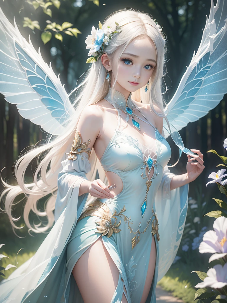 Beautiful Transparent Flower Fairy Fairy Dress, Wavelength dispersion, colored glaze, Multicolor prism effect, Rainbow Core, iris, Transparent colorful feathers, Beautiful blue sky and white clouds、The girl has transparent wings、Smiling Kindly、Beautiful garden background、Gentle and transparent,Correct Anatomy, Delicate pattern,Pink rose space, Soft lighting, ( Bokeh),masterpiece, Very detailed, A magnificent composition, highest quality, 8K,Epic romantic fantasy digital art,Epic fairy tale fantasy digital art,Mythical fantasy,UHD resolution,Detailed detailed view,Realistic,非常にRealisticな,Cinematic Lighting,Award-winning photography,Rich colors,Ultra-realistic, lifelike textures,Dramatic lighting