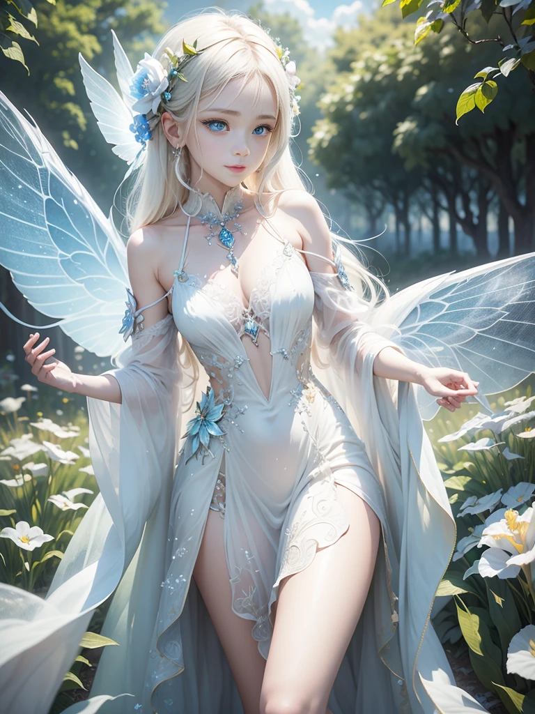 Beautiful Transparent Flower Fairy Fairy Dress, Wavelength dispersion, colored glaze, Multicolor prism effect, Rainbow Core, iris, Transparent colorful feathers, Beautiful blue sky and white clouds、The girl has transparent wings､Smiling Kindly､Beautiful garden background､Gentle and transparent，Correct Anatomy, Delicate pattern，Pink rose space, Soft lighting, ( Bokeh)，masterpiece, Very detailed, A magnificent composition, highest quality, 8K，Epic romantic fantasy digital art，Epic fairy tale fantasy digital art，Mythical fantasy，UHD resolution，Detailed detailed view，Realistic，非常にRealisticな，Cinematic Lighting,Award-winning photography,Rich colors，Ultra-realistic, lifelike textures，Dramatic lighting