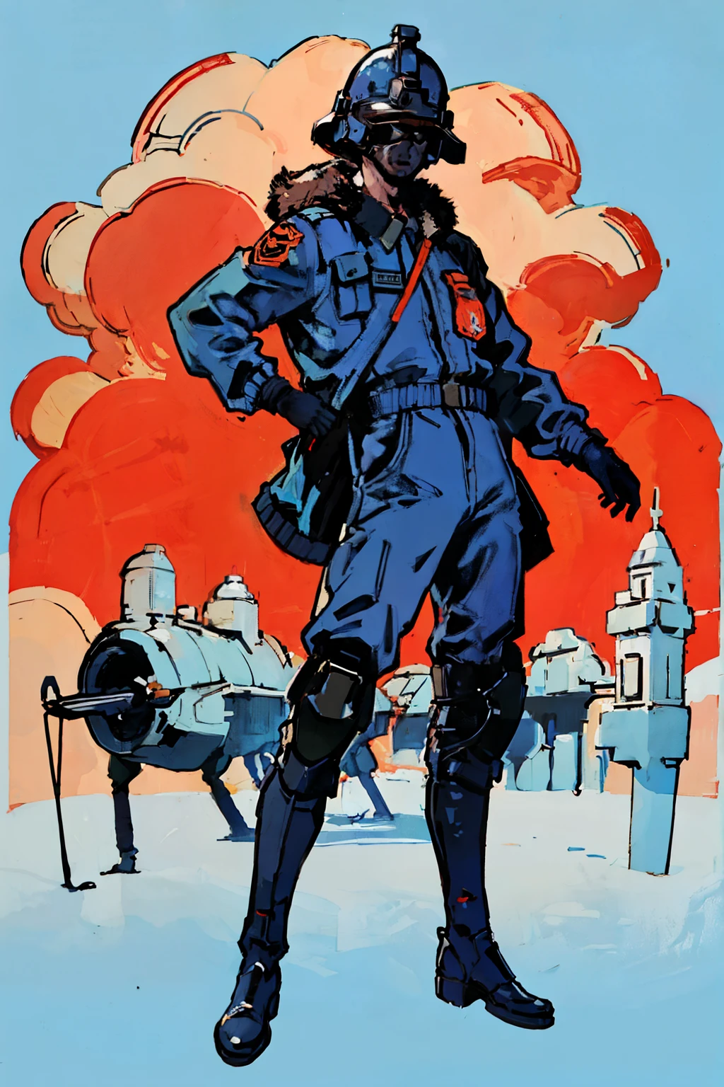 full body image, (ultra detailed,ultra high res,detailed background),((2D)),((flat color)),((muted color)), 1solo, looking at viewer, baggy flight suit, large fur collared bomber jacket, (big red galoshes), plush collar, full body image, square helmet, ((smokey blue background)), ((apocalyptic city)), entire body in frame, 