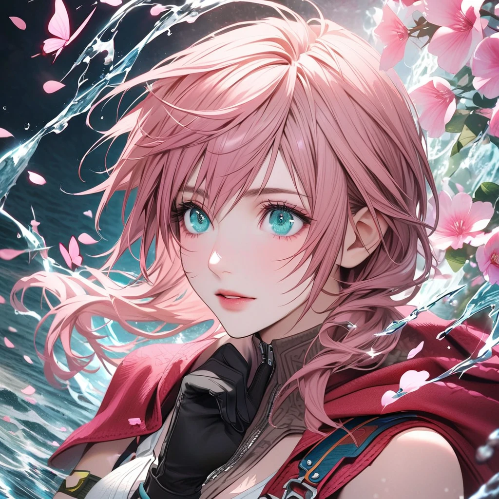 Ultra detailed, Highres, absurdres, Claire Farron, wavy pink short hair, aqua pale expressive eyes, Final Fantasy XIII, white dress with patterns, pink flowers, petals, extremely beautiful, woman, solo, very detailed eyes and face, black gloves, water, pink butterflies, red cape, Lightning Farron,