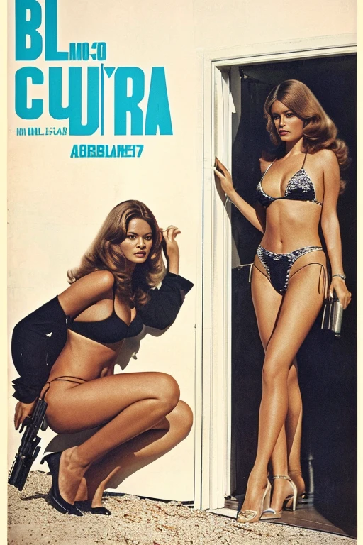 Full body shot of a beautiful woman in a bikini standing with a gun, ((Barbara Boucher)), Bond Girl, 1972 Italian action film「Milano Calibro 9」Poster, イタリアPosterアート, 1 9 7 0 s movie poster, movie poster 7 0's, Glenn Obic, Polish film posters, By Gabor Breznay