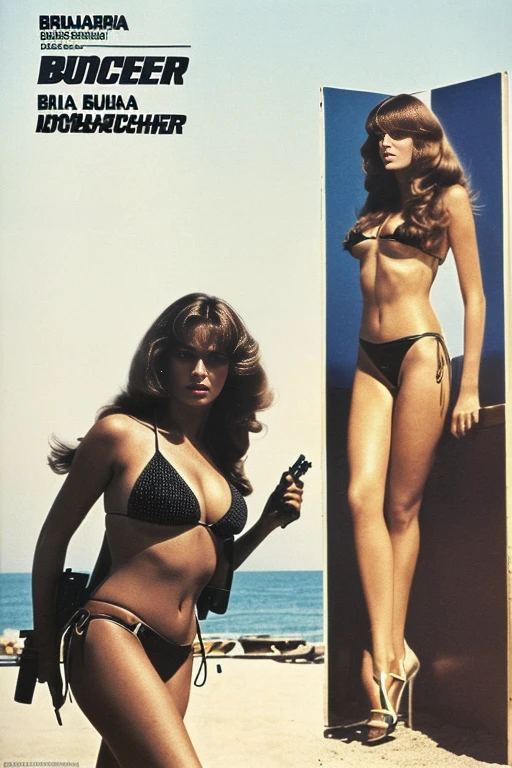 Full body shot of a beautiful woman in a bikini standing with a gun, ((Barbara Boucher)), Bond Girl, 1972 Italian action film「Milano Calibro 9」Poster, イタリアPosterアート, 1 9 7 0 s movie poster, movie poster 7 0's, Glenn Obic, Polish film posters, By Gabor Breznay