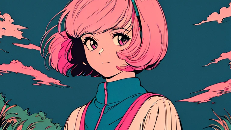 master piece, Pink Hair, fluffy bob cut, wearing headphones, shoulder length, alone, Futuristic, yet, lofi, retro, vintage, Ghost, light smile, (( looking away )), ((Vivid and beautiful nature))