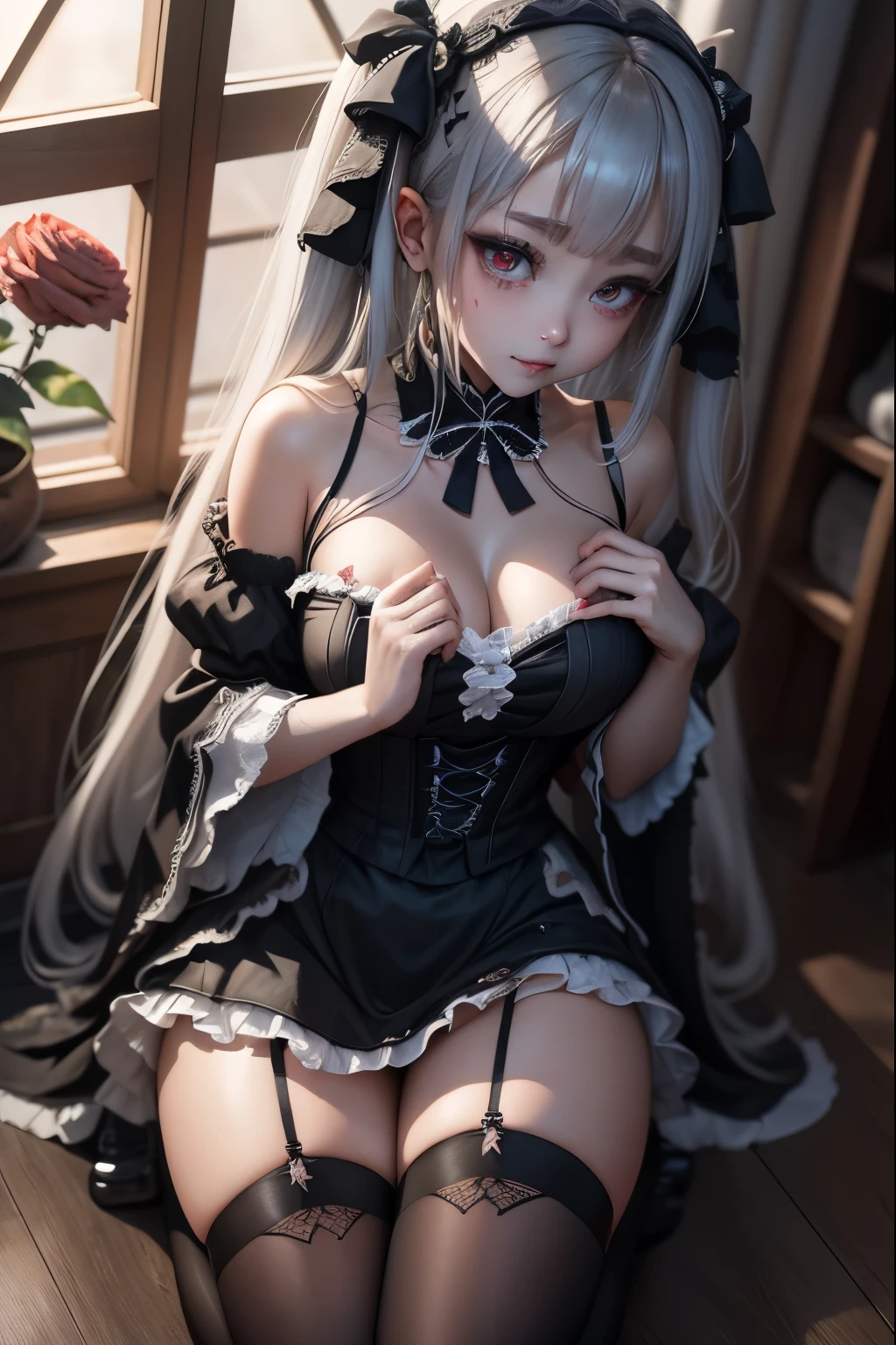 ハードDark Gothicメイク、deep night sky、Horror、Black dark eyeshadow、cry、sad、Good skin radiance、Dark Gothicメイク、Dark smile、palace、The beauty of fragrance、24-years-old、Expression of intense sexual pleasure、Embarrassed look、Dark Gothic、Obscene language、highest quality、View 5 books、Expression of sexual pleasure in suffering、Drunk face、紫のMaid clothes、Mysterious、Noble、A face that is holding back the toilet、sexy、Loving smile、Twin tail hair、jet black ruffle skirt、Right blue eye, Left eye is red、Super bewitching pose、Platform Heel Shoes、Heavy makeup、Gothic Lolita Clothing、A little slimmer、Silver Hair、Long Hair Straight Hair、Cute Gothic Lolita Dress、Beautiful Face、elegant features、Fascinating face、Knee-high socks、Stained glassが背景、Chest glistening with sweat、The room is dark、goth long dress、Bell Sleeves、Wizard Sleeve、decadent look、Sexually excited expression、Gothic Mode、Glossy thighs wet with water、Thighs that are wet and shiny with oil、Background of a room full of roses、sad表情、Rose Maiden、The embroidery is pink、The dress has pink embroidery、Thigh-high socks、Knee-high socks、Gentle expression、masturbation behavior、Dark black eyeshadow、despicable act、Stained glassと薔薇背景、Wearing black underwear、Black panties、thighs are a little thin、Female Duo、female couple、I have lesbian friends、hug a girl、A blue lightning bolt glows in his right hand.、Blue electromagnetic waves shine in my hands.、dark church background、Stained glass、black metal world、Dark Castle、Dark Room、Slender body、upright、walk、Are standing、gothic long dresaid clothes、Victorian dresses、Her thighs glisten with sweat、My body is wet and shiny、Lots of glitter on the thighs、sweating、My thighs are sticky from sweating、Sweat glistens on the thighs, The whole body is sweaty and shiny、pretty sweaty、My thighs are sweaty、My thighs are so wet、My thighs are shining with sweat、A lot of sweat glistens all over the body、The thighs are the best、