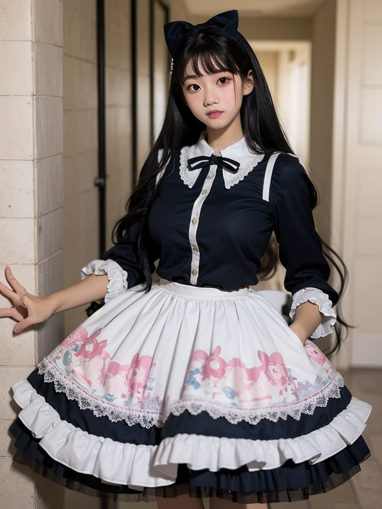 Master quality, highest quality, Best image quality, Exaggerated details, Cute 8  Asian boy with embarrassed expression, I narrowed my eyes a little., Style your hair, Long eyelashes (Long Hair / very, very exaggerated big breasts / Wearing a gorgeous Lolita skirt) At night, In the hallway, Strike a pose for the camera,Slightly enlarged chest