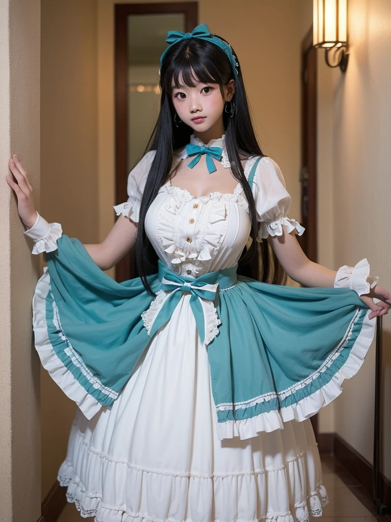 Master quality, highest quality, Best image quality, Exaggerated details, Cute 8  Asian boy with embarrassed expression, I narrowed my eyes a little., Style your hair, Long eyelashes (Long Hair / very, very exaggerated big breasts / Wearing a gorgeous Lolita skirt) At night, In the hallway, Strike a pose for the camera,Slightly enlarged chest