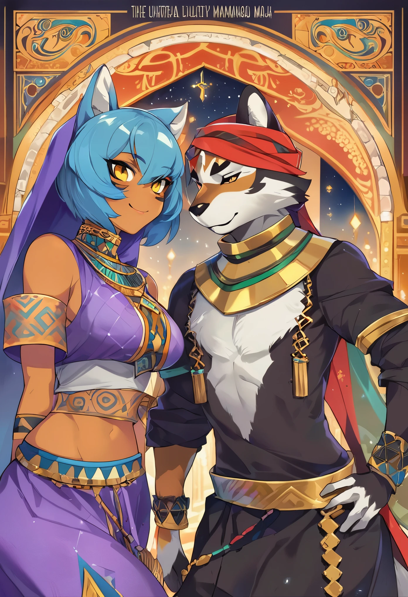 book cover_page, highres, top quality, best quality, paid reward available, unparalleled masterpiece, perfect artwork, absurdres, High-quality illustrations, super high resolution, detailed background, perfect anatomy(1girl, 1boy, couple, kemono, furry anthro, fearless smile, Arab national costume, love romance of battle manga)The Arabian Nights, Alf Laylah wa Laylah,