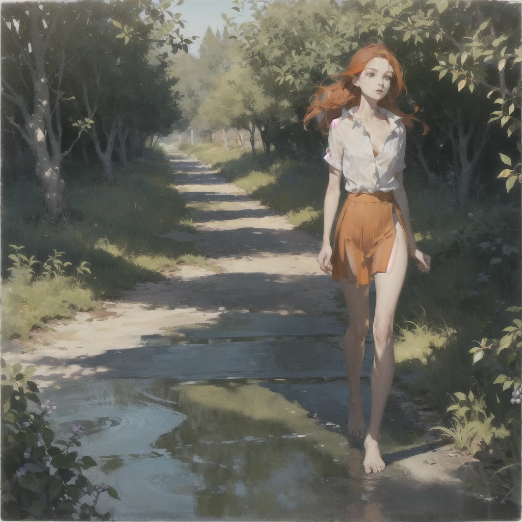 Beautiful slender thin exquisite (nude) girl  with a perfect face of the southern type with red hair with tender breasts with tender nipples barefoot with bare hips ((with red pubic hairs)) ((in an orange skirt on a naked body)) walks along a brick road in the middle of a flowering field, in a gentle watercolor style, Discreet shades, sfumato, haze, diffused dim light, delicate mint shades, imitation of film photography, (olive and grape groves, Brick Road)