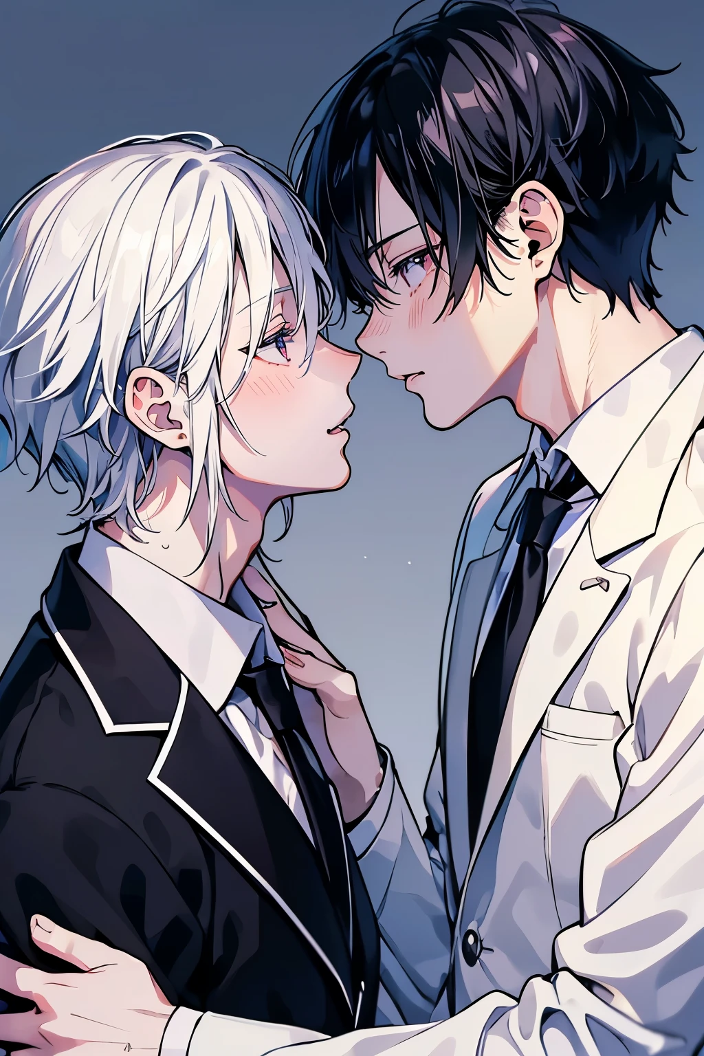 (Mastepiece), (Best Quality), Very detailed, ((two men intimate)), Perfect Face, Beautiful Face, Very detailed顔,(Black Haired Man:1.3),(Man with white hair:1.3),suit,shirt
